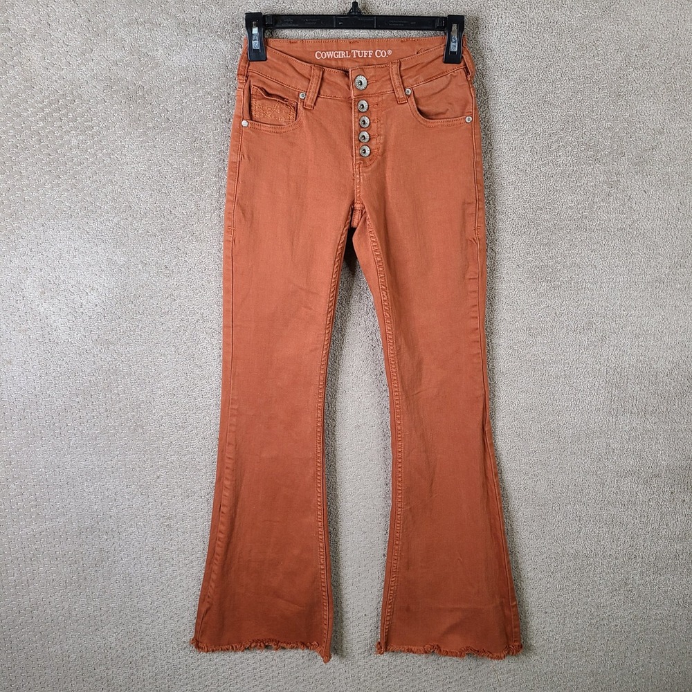 Cowgirl Tuff Jeans Womens 25 Orange Hippie Hippie Shake Flare Button Fly Raw Hem